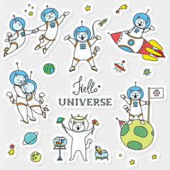 Set of cute stickers. Illustration of cute cat astronauts in the space. Vector 8 EPS