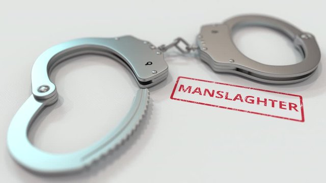 MANSLAUGHTER stamp and handcuffs. Crime and punishment related conceptual 3D animation