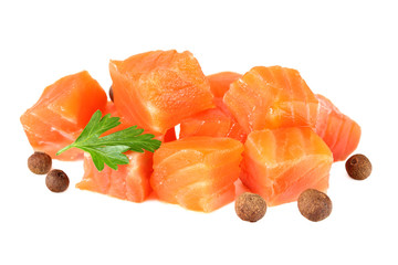 Red fish. Raw salmon fillet with parsley and peppercorns isolate on white background