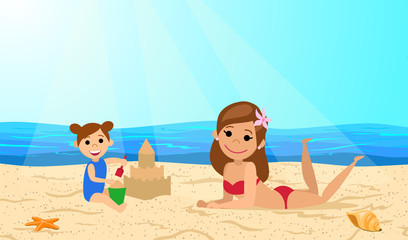 Daughter with mom at the beach. Cute cartoon style. Vector illustration.