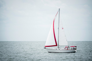 white sailboat sailing a red and white sail