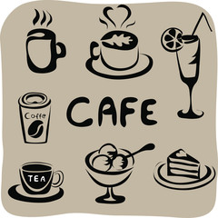 vector illustration of cup of coffee, tea, pie on plate, ice cream, cocktail and inscription Cafexx