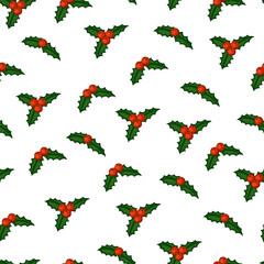 Christmas seamless pattern. Mistletoe, holly on a white background. Vector illustration.