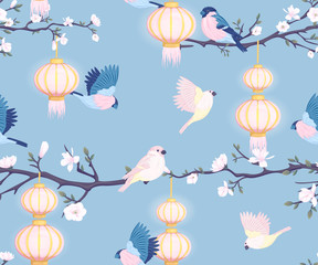 Obraz na płótnie Canvas Seamless pattern with Chinese lanterns, blooming magnolia and birds