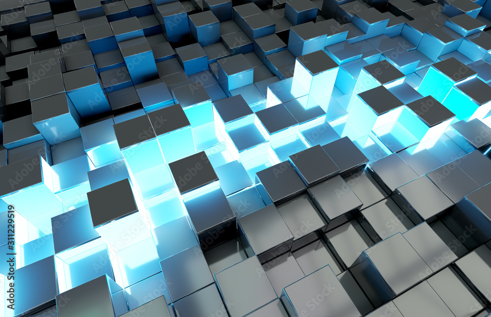 Aufkleber Glowing black and blue squares background pattern 3D rendering