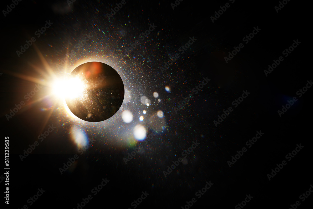 Poster Easy to add lens flare effects for overlay designs or screen blending mode to make high-quality images. Abstract sun burst, digital flare, iridescent glare over black background.