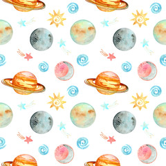 Watercolor childish seamless pattern with hand drawn space elements space, planets. Trendy kids background. Space seamless pattern - planets, comet, stars. Watercolor universe on white background