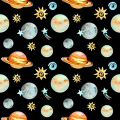 Watercolor childish seamless pattern with hand drawn space elements space, planets. Trendy kids background. Space seamless pattern - planets, comet, stars. Watercolor universe on black background