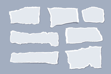 Pieces of ripped paper for notes. White torn pages. Vector illustration