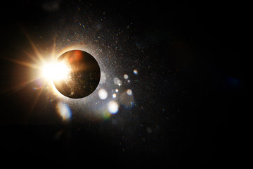 Obraz premium Easy to add lens flare effects for overlay designs or screen blending mode to make high-quality images. Abstract sun burst, digital flare, iridescent glare over black background.