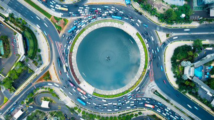 Tilted top down view of a fountain at sunny day