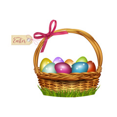 Easter wicker basket with colorful eggs. Vector illustration