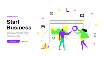 Business illustrations with ux/ui icons. Human make professional work and develop trade talent. Learning managers. Good ideas with full color design in awesome style. Vector isolated illustration.