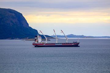 Cargo ship waiting in place at Nesna harbor, Northern Norway