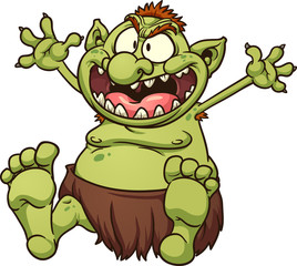 Fat cartoon troll sitting with open arms and big smile. Vector clip art illustration with simple gradients. All in a single layer. - obrazy, fototapety, plakaty