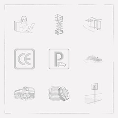 Set of vehicle icons line style symbols with ce marking, dump truck, scissor lift and other icons for your web mobile app logo design. - obrazy, fototapety, plakaty