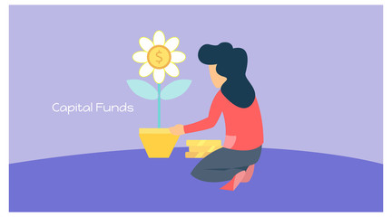 illustration of capital funds. a woman harvests sunflowers. make dollars. vector.