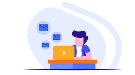 landing page illustration of an email marketing manager. people facing a laptop open an email. business email management.