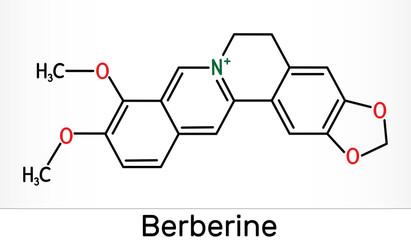 Berberine C20H18NO4, herbal alkaloid molecule. Skeletal chemical formula