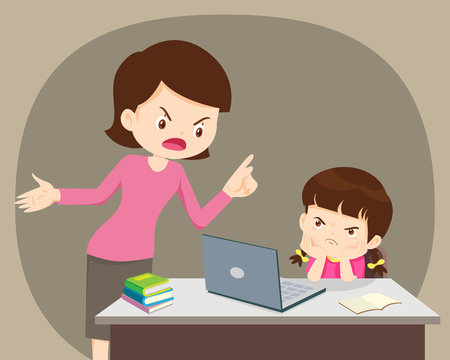 Angry mother And daughter Using Laptop At Home