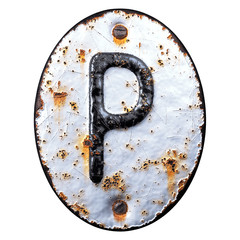 3D render capital letter P made of forged metal on the background fragment of a metal surface with cracked rust.