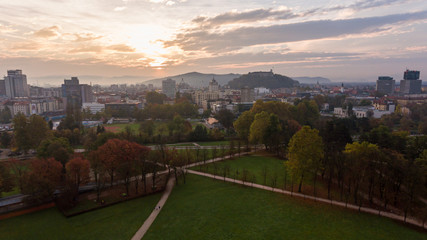 Fototapeta na wymiar Spectacular morning panoramic city view of Ljubljana.