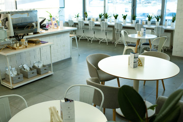 White round tables surrounded by comfortable armchairs and chairs along window