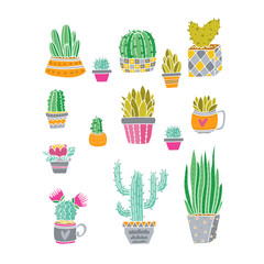 Vector different Cactus and exotic plants collection design art