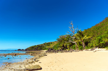 View of the sandy beach of the island, Fiji. Copy space for text.