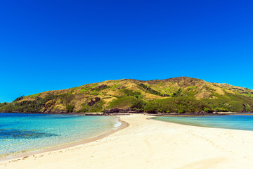Fototapeta premium View of the sandy beach of the island, Fiji. Copy space for text.