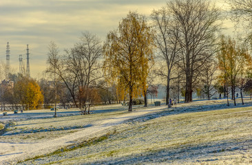Embankment of the river Neva. Piscatorial.Saint-Petersburg. Russia. 23.10.2019. The first snow that fell in the month of October.