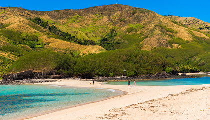View of the sandy beach of the island, Fiji.