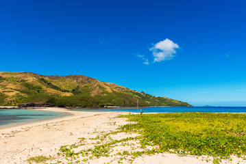 View of the sandy beach of the island, Fiji. Copy space for text.