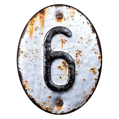 Number 6 made of forged metal on the background fragment of a metal surface with cracked rust.