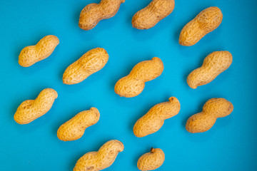 Peanut pattern design concept. Inshell nuts on a blue colour background. Top view. Close up. Flat lay.