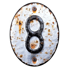 Number 8 made of forged metal on the background fragment of a metal surface with cracked rust.