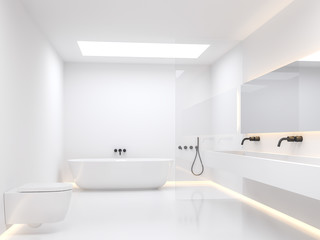 A simple white bathroom 3d render. The room has white walls and floors decorated with hidden light in the walls. Natural light shines through the skylight box on the ceiling.