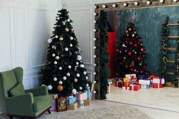 Christmas tree with gifts decor interior new year lights garlands