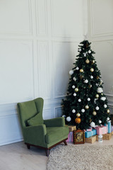 Christmas tree with gifts decor interior new year lights garlands