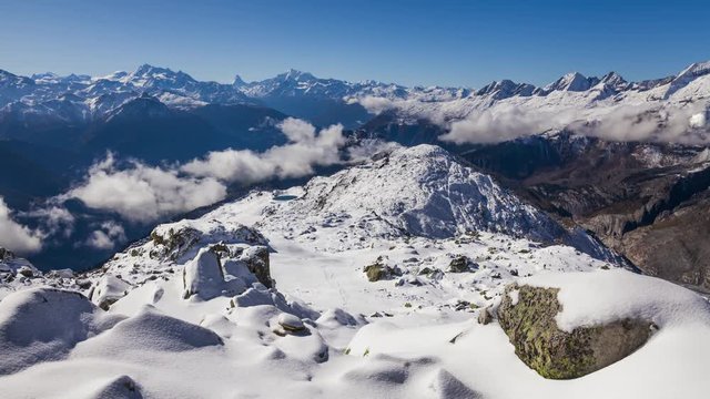 Timelapse of Swiss Alps mountains in Switzerland. Aletsch arena, Switzerland.