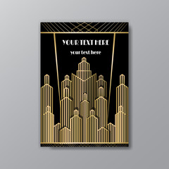 Art Deco template golden-black, A4 page, menu, card, invitation, Sun and city lights in a Art Deco/Art Nuvo style, beautiful background.
