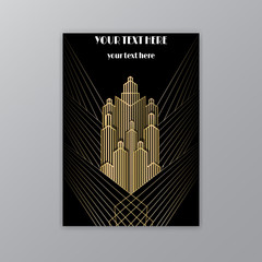 Art Deco template golden-black, A4 page, menu, card, invitation, Sun and city lights in a Art Deco/Art Nuvo style, beautiful background. © PollyW