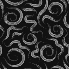 vector white painting spiral and ripple brush seamless pattern on black