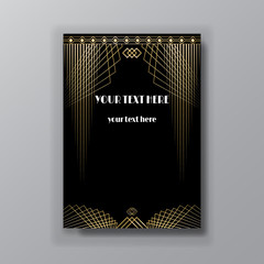 Art Deco elegant golden black page template, retro  style for web and print, city and the lights