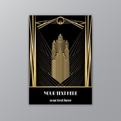 Art Deco template golden-black, A4 page, menu, card, invitation, Sun and city lights in a Art Deco/Art Nuvo style, beautiful background.