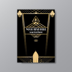 Art Deco template golden-black, A4 page, menu, card, invitation, Sun and city lights in a Art Deco/Art Nuvo style, beautiful background.