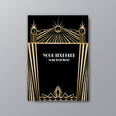 Art Deco elegant golden black page template, retro  style for web and print, city and the lights