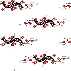 Light oriental pattern with red flowers on a white background. Branches of plum, sakura hand-drawn for the fabric.