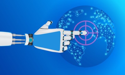 The robot hand indicates the location on the map. Projection of the planet. Technological concept.