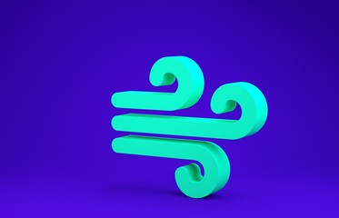 Green Wind icon isolated on blue background. Windy weather. Minimalism concept. 3d illustration 3D render